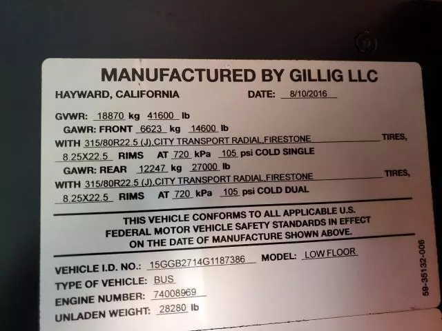 2016 Gillig Transit Bus Low