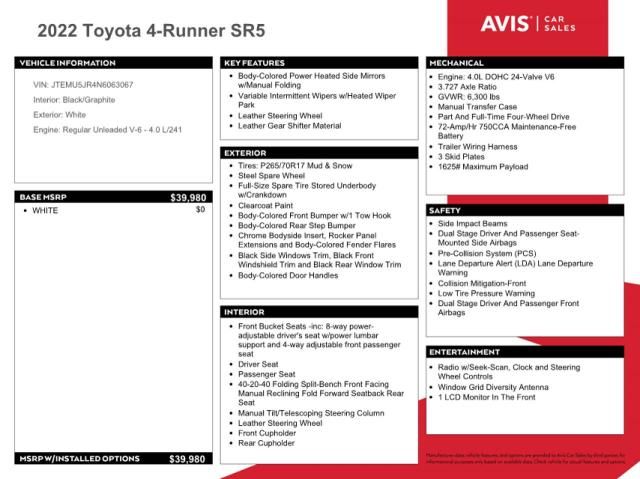 2022 Toyota 4runner SR5/SR5 Premium