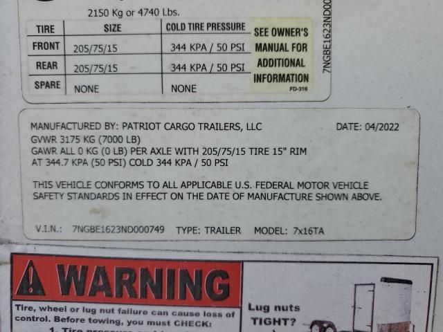 2022 Other 2022 Patriot Cargo Trailers 16'ENCLOSED White